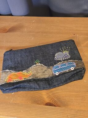 Denim Clutch Makeup Case Bag Embroidered Rhino Sun Travel Van